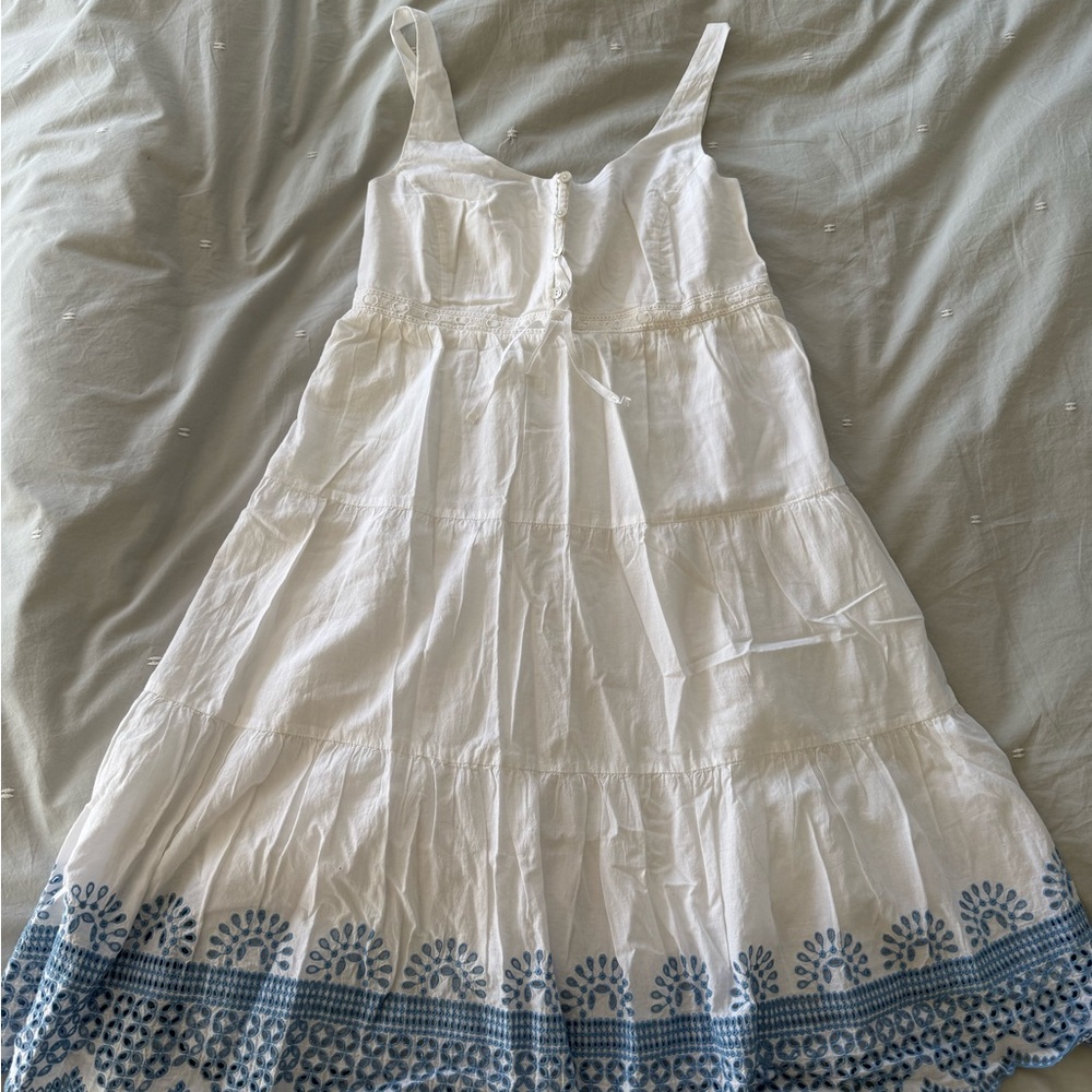Seraphine Maternity White Dress with Blue Embroidery